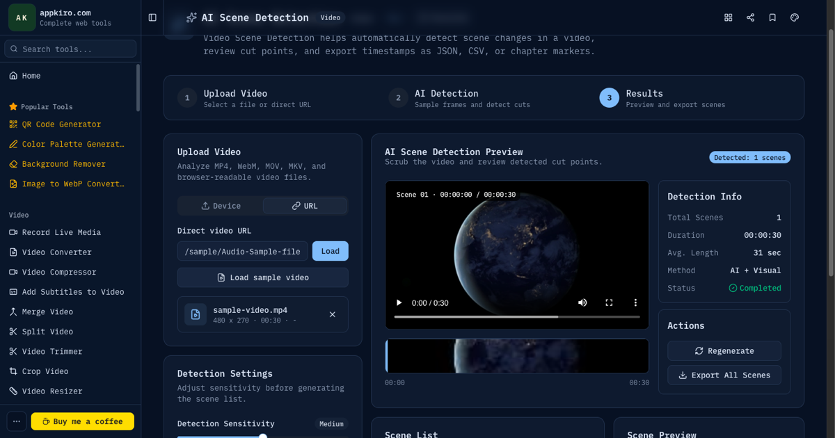 AI Scene Detection interface showing video upload, sensitivity controls, detection method, preview timeline, scene list, and export actions