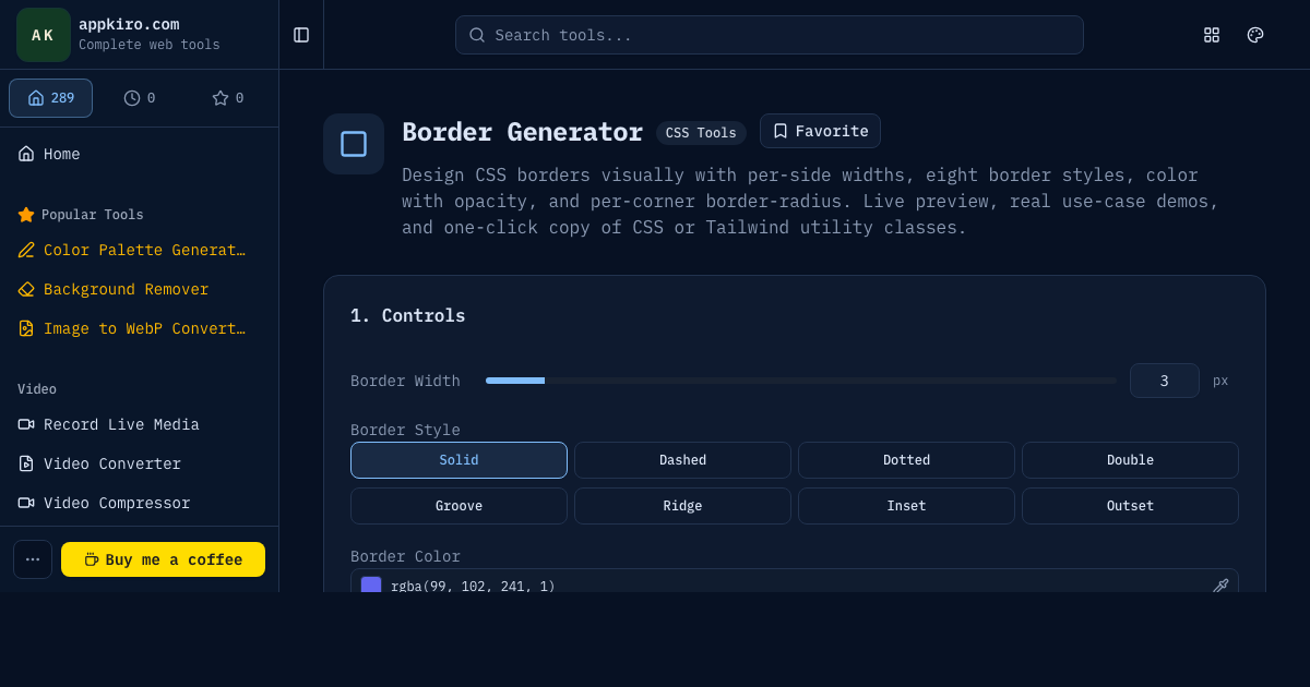 Border Generator interface with border width, style, color, radius, preview, and generated code