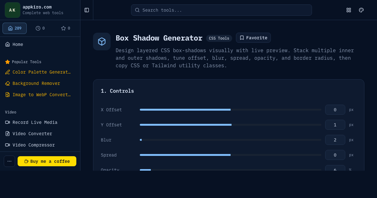 Box Shadow Generator interface with live card preview, shadow controls, and CSS output