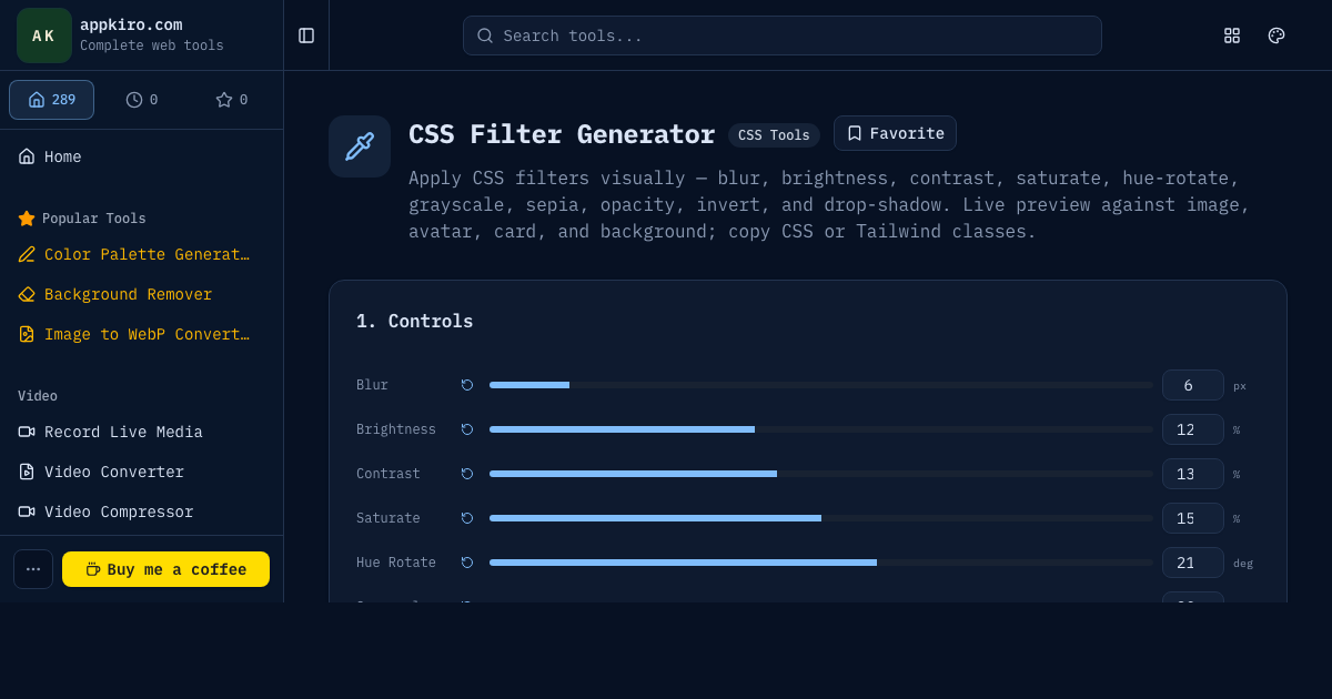 CSS Filter Generator interface with filter controls, visual preview, and CSS output