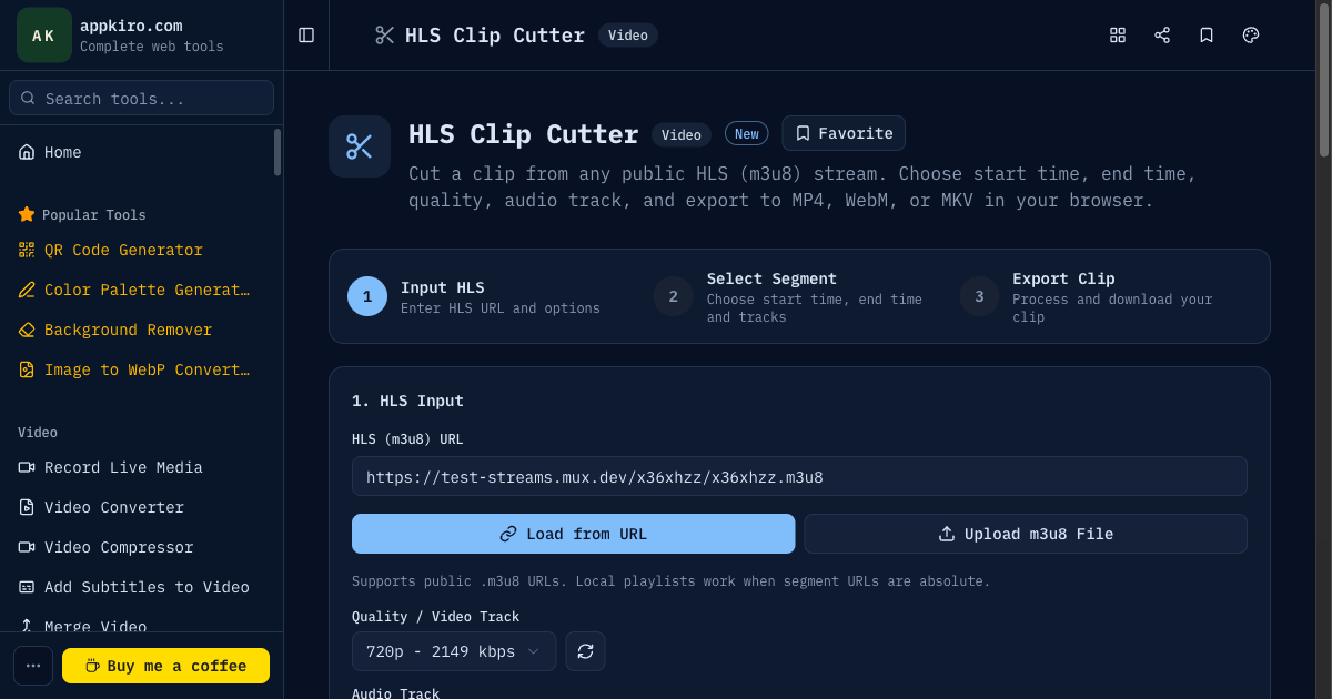 HLS Clip Cutter interface showing m3u8 input, stream preview, time range controls, and export options