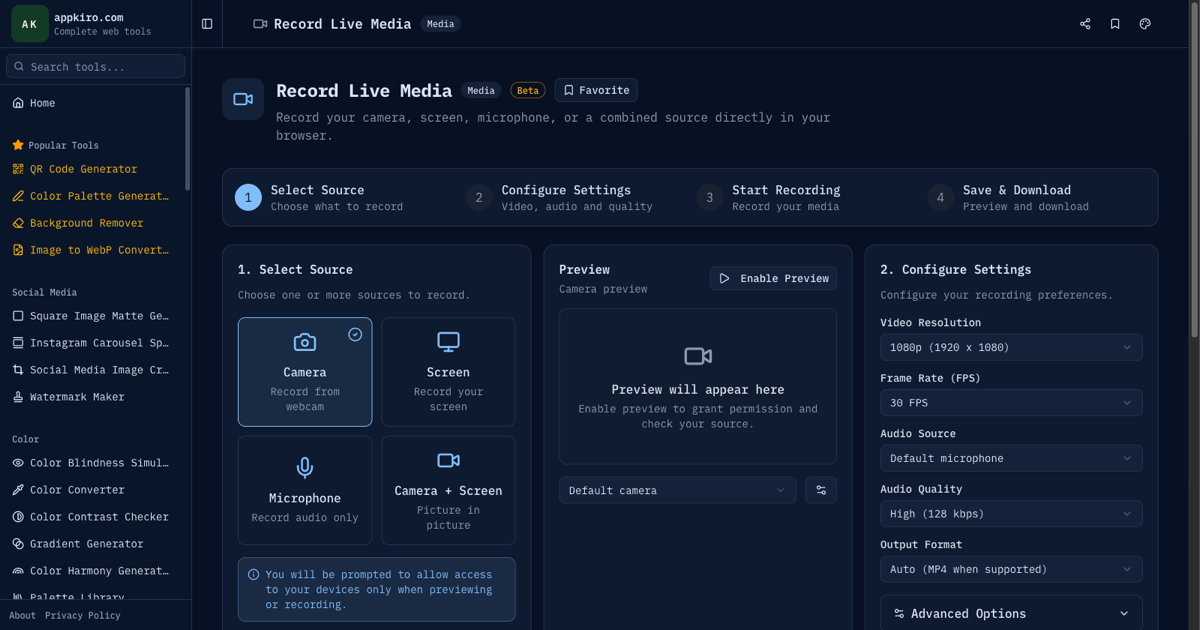 Record Live Media interface for camera, screen, microphone, and combined recording