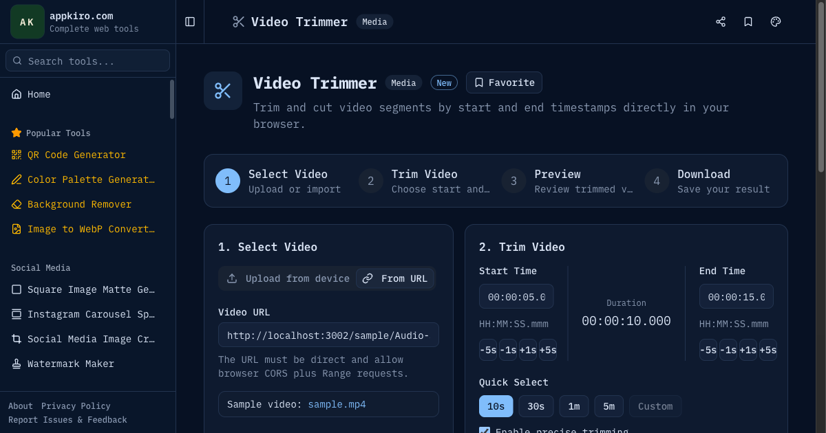 Video Trimmer interface with preview, timeline, start and end controls, and export settings