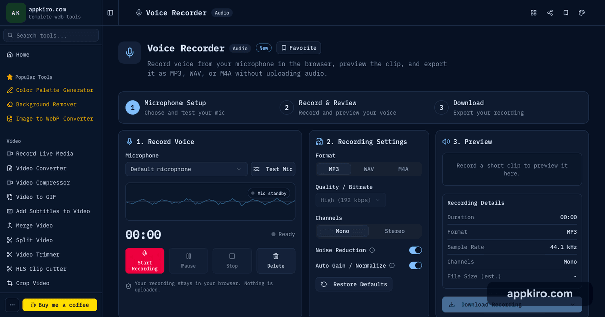 Voice Recorder interface with microphone selection, waveform, format settings, and preview