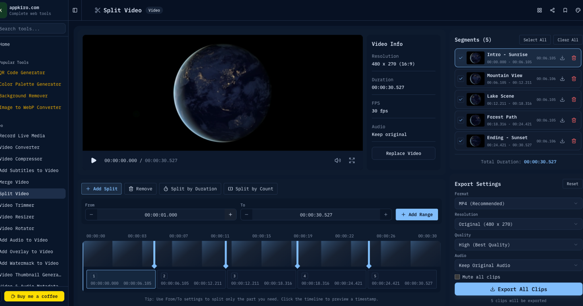 Split Video editor showing video preview, timeline markers, segment list, and export settings