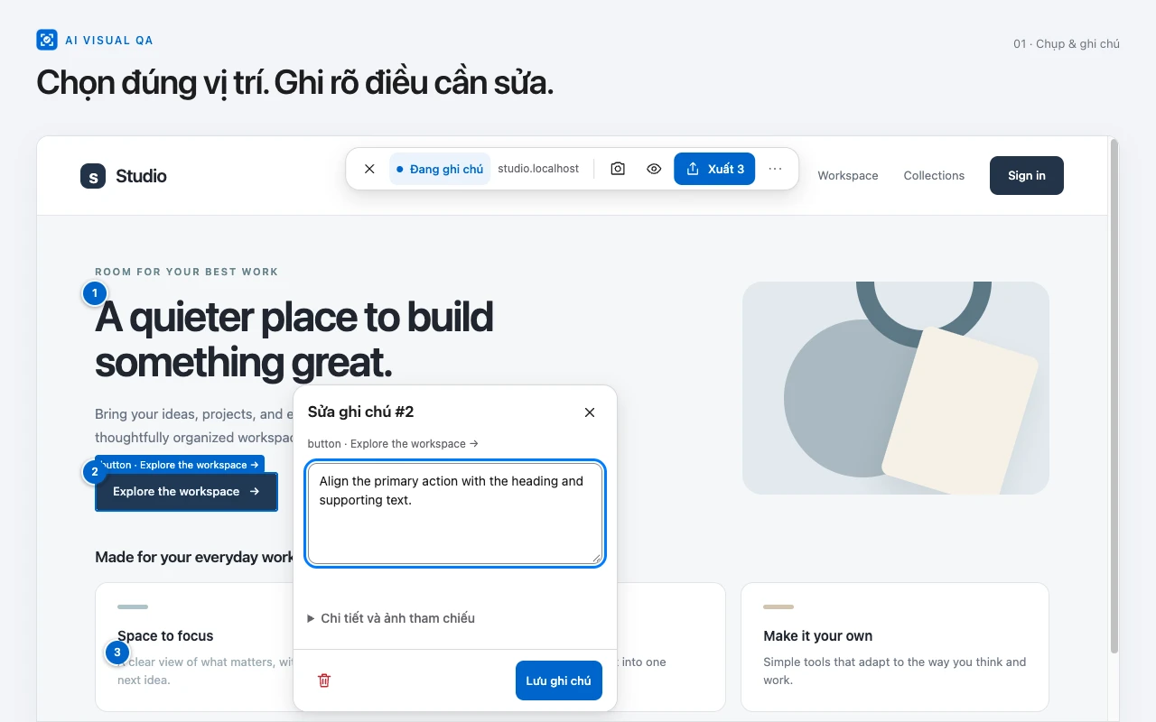 Thanh công cụ và ô ghi chú AI Visual QA trên website với các dấu đánh số vấn đề