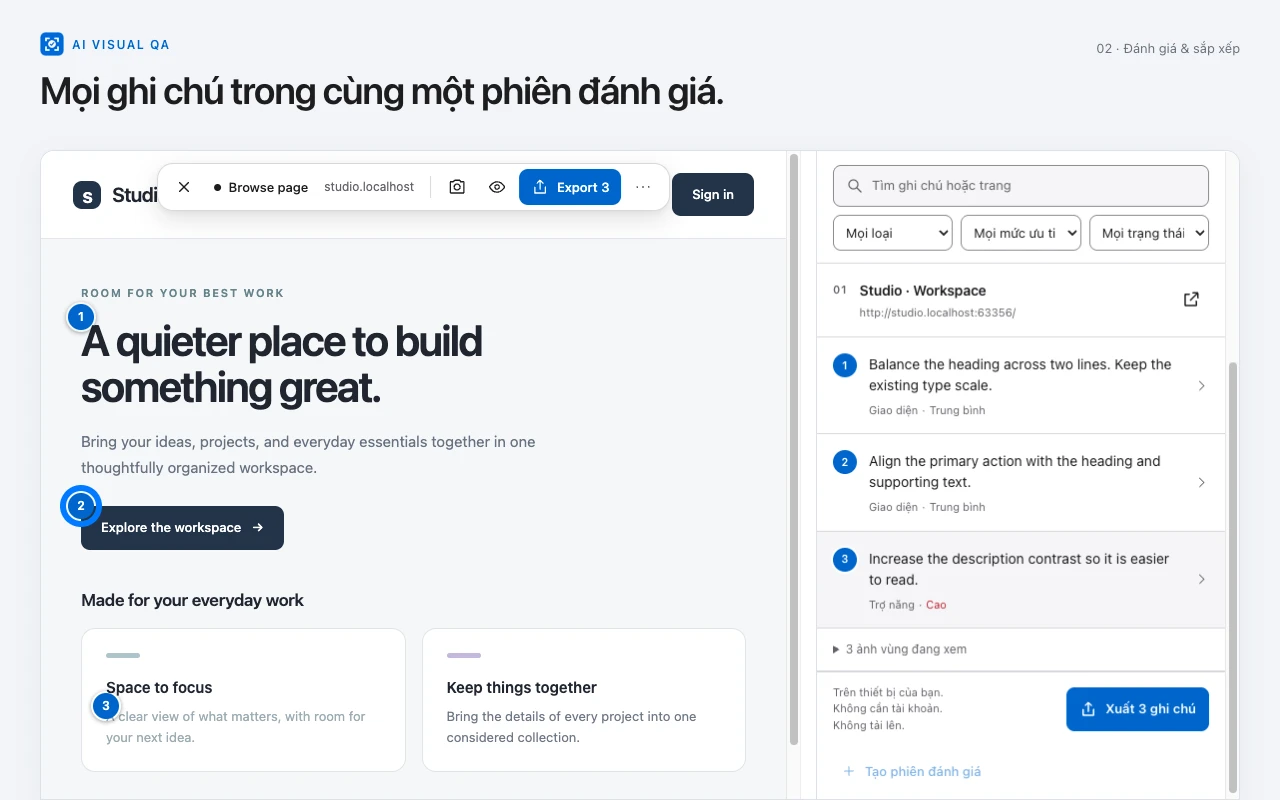 Danh sách đánh giá AI Visual QA với ghi chú website có đánh số và các thao tác chỉnh sửa