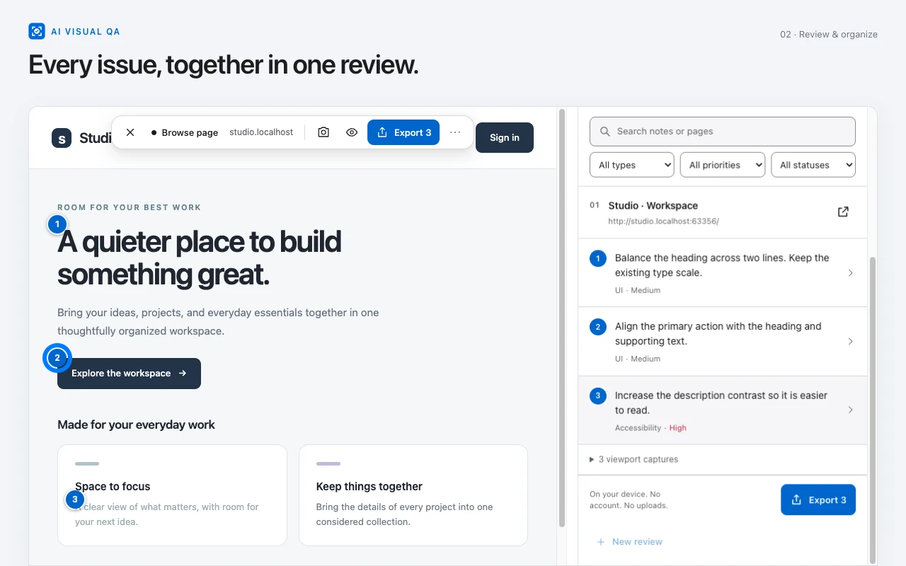 AI Visual QA review list with numbered website issues and editing controls