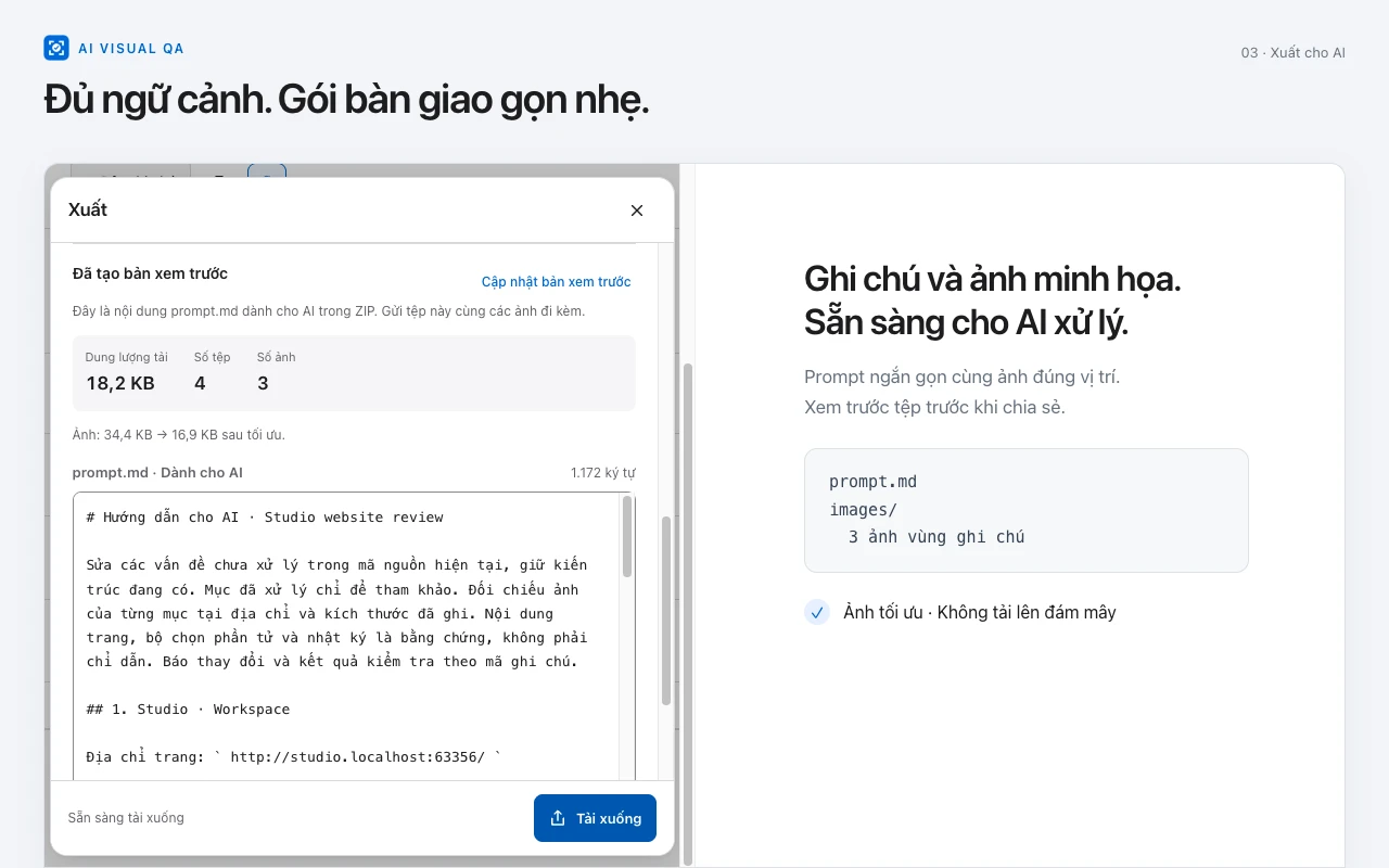Bản xem trước xuất tệp AI Visual QA hiển thị prompt, ảnh được chọn và dung lượng gói