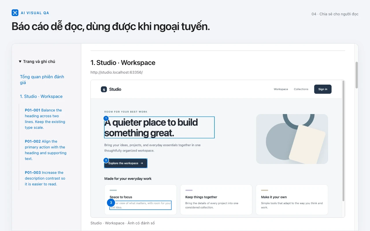 Báo cáo HTML ngoại tuyến với các ghi chú có đánh số và ảnh bằng chứng tương ứng