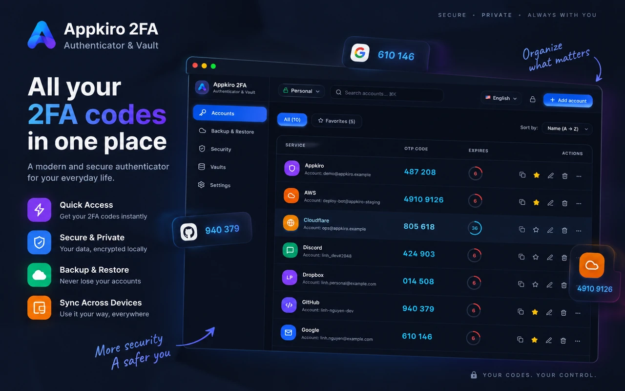 2Fa Live full-screen dashboard displaying categorized accounts, instant search, and customization options