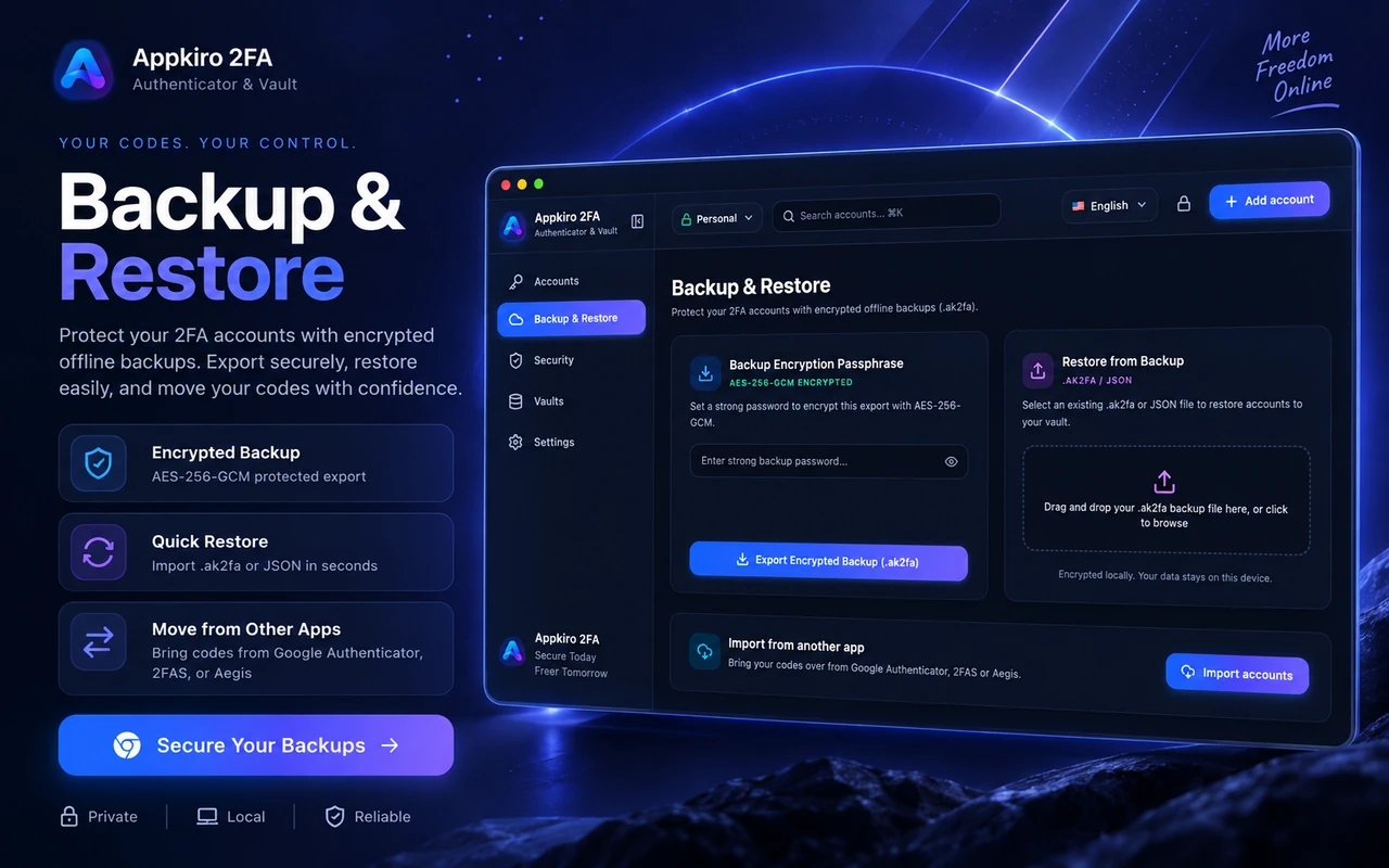 2Fa Live backup and restore view with options to import from Google Authenticator and export password-protected .ak2fa archives