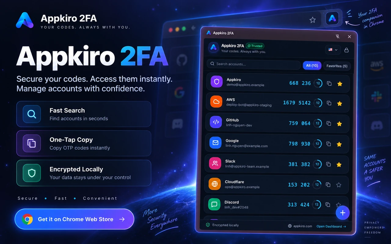 The 2Fa Live Chrome extension popup showing real-time TOTP codes, circular 30-second countdown rings, and one-click copy