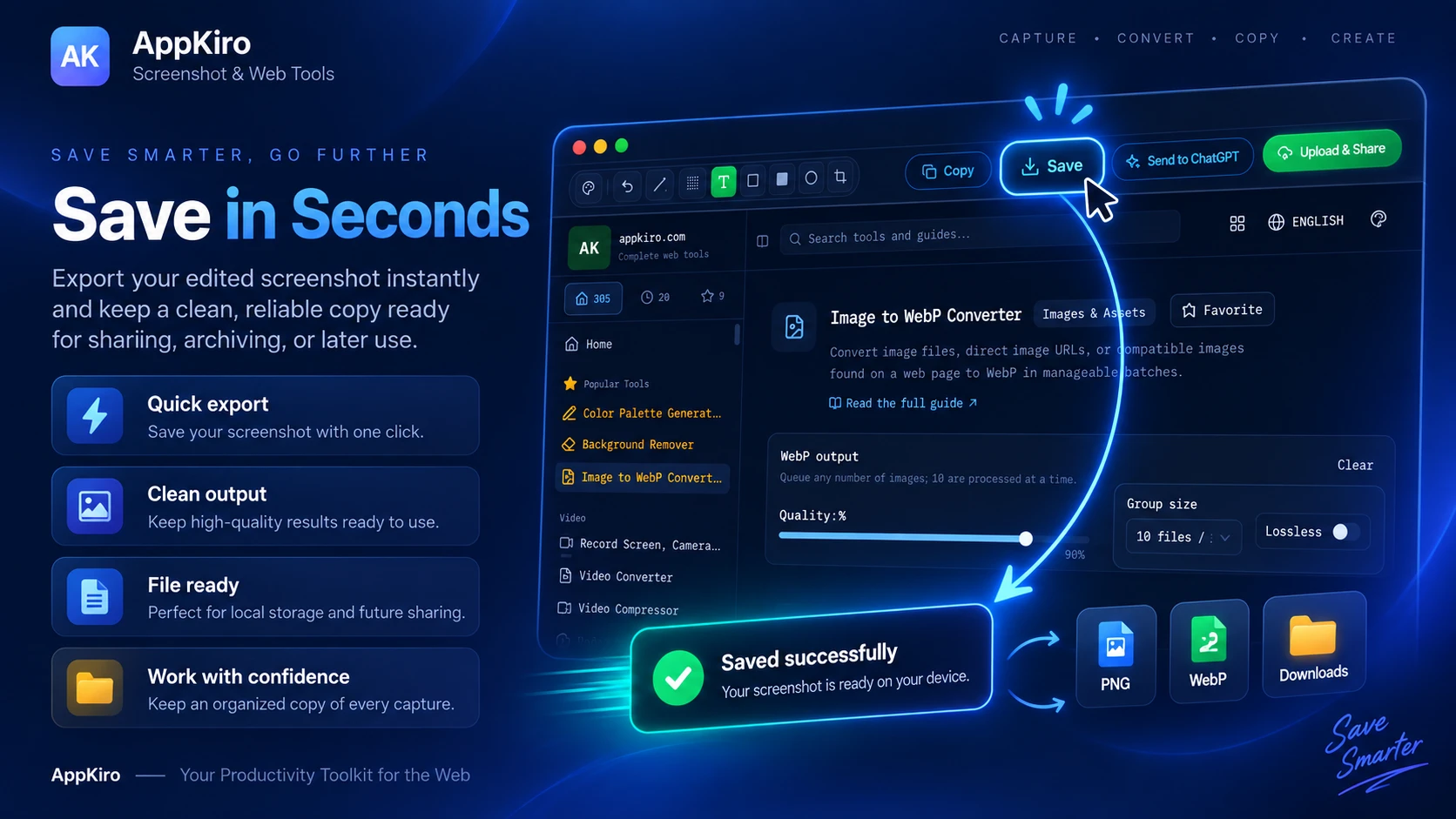 The AppKiro editor with the Save action highlighted in the toolbar and a Saved successfully confirmation reading that the screenshot is ready on your device
