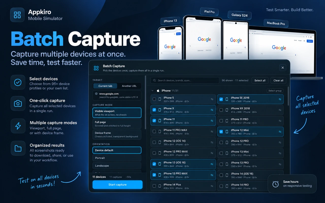 The AppKiro Mobile Simulator batch capture dialog with a searchable device list, several iPhones selected, capture-mode and orientation options, and a start capture button showing eleven devices queued