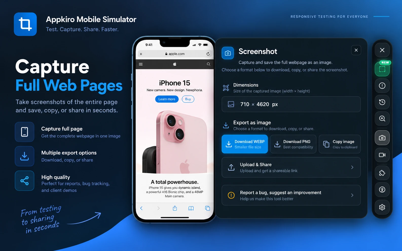 A full-page capture of a site simulated on an iPhone, with the export panel showing the stitched image dimensions and buttons to download as WebP or PNG, copy the image, or upload and share it