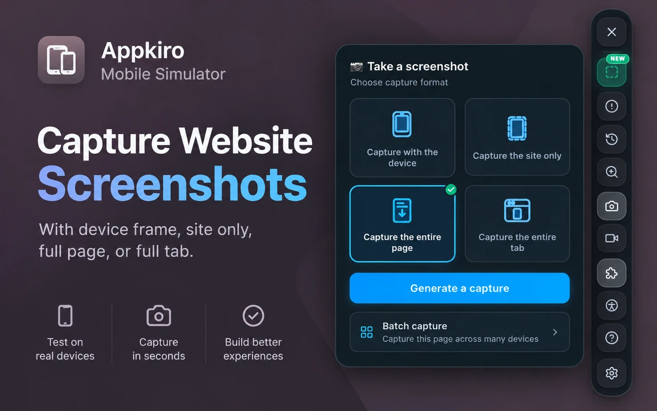 The AppKiro Mobile Simulator capture dialog offering capture with the device, the site only, the entire page and the entire tab, with a batch capture entry underneath