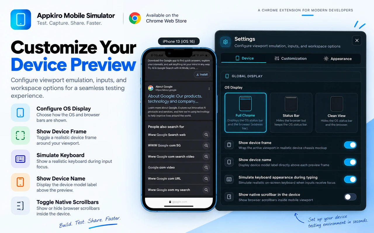 The AppKiro Mobile Simulator settings panel on its device tab, offering full chrome, status bar and clean view display modes alongside switches for the device frame, the device name label, keyboard simulation and native scrollbars
