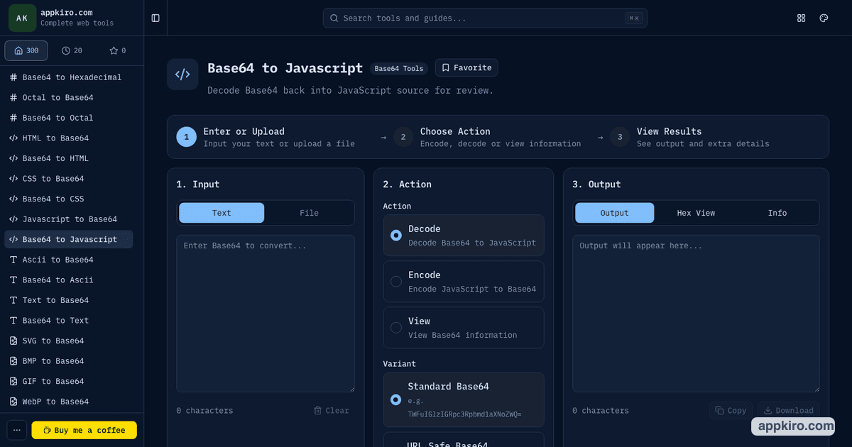 Base64 to JavaScript Converter Online | appkiro.com