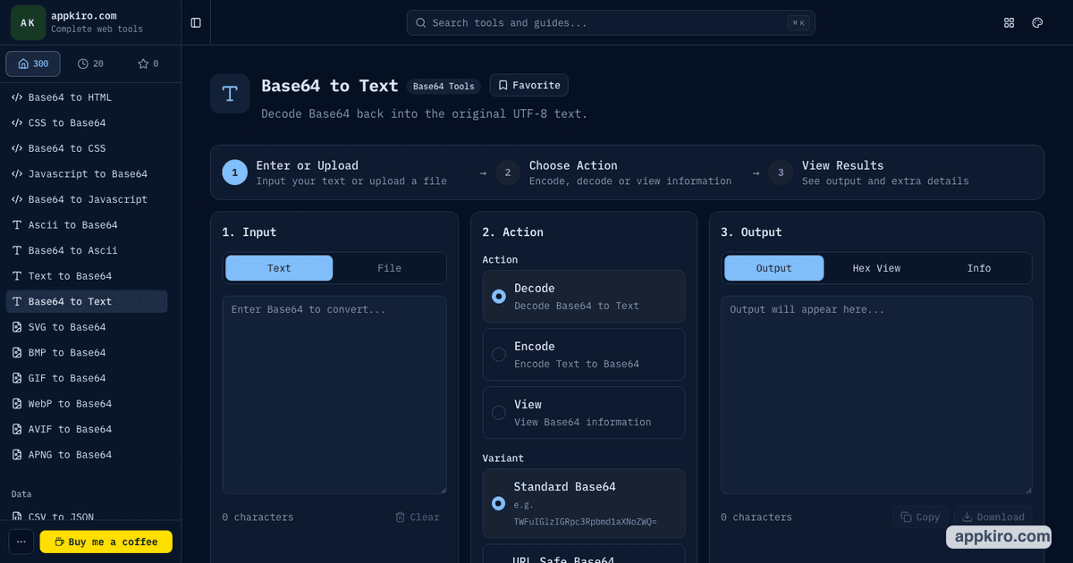 Base64 to Text Converter Online for UTF-8 Strings | appkiro.com