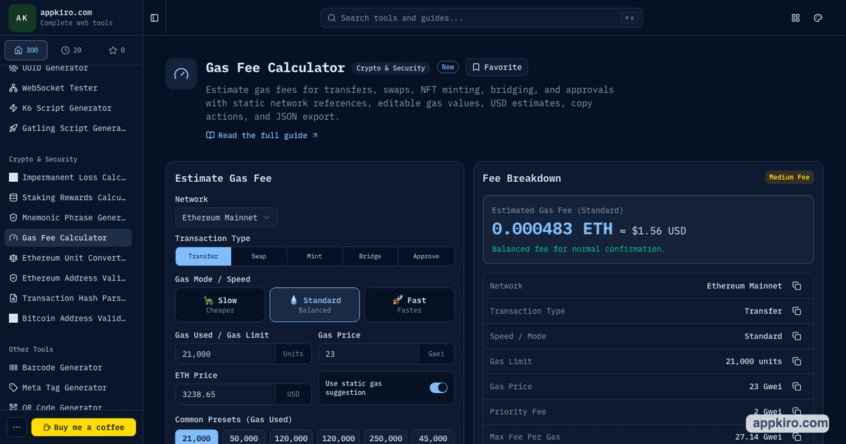 Gas Fee Calculator showing network, transaction type, gas mode, gas limit, gas price, native token price, fee breakdown, tracker reference, presets, and helpful information