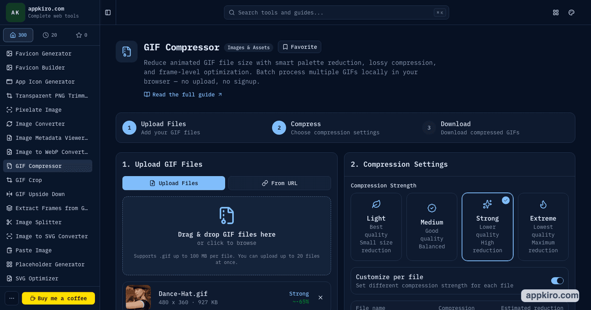 GIF Compressor interface showing upload controls, compression settings, file list, and batch download options