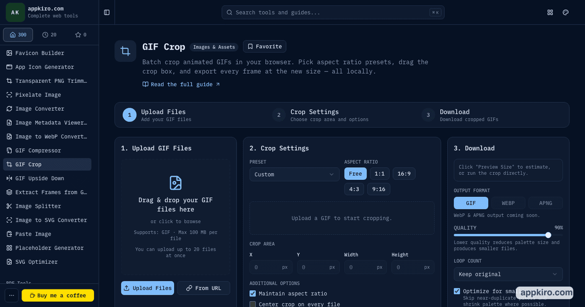 GIF Crop interface showing upload controls, crop presets, aspect ratio options, preview area, and export settings