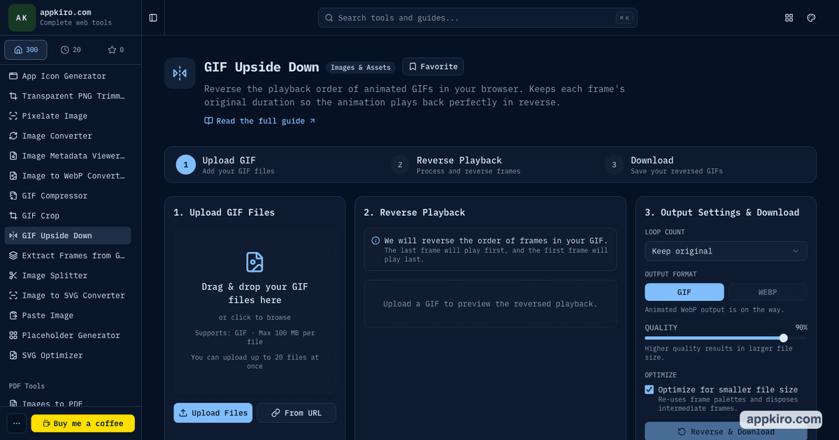 GIF Upside Down interface showing upload controls, original and reversed preview areas, loop controls, quality slider, and export actions