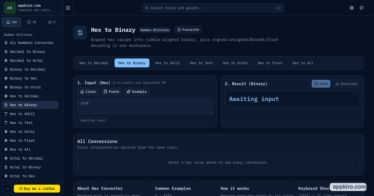 Hex to Binary Converter Online with Nibble Alignment | appkiro.com