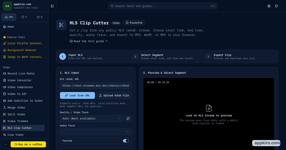 HLS Clip Cutter interface showing m3u8 input, stream preview, time range controls, and export options