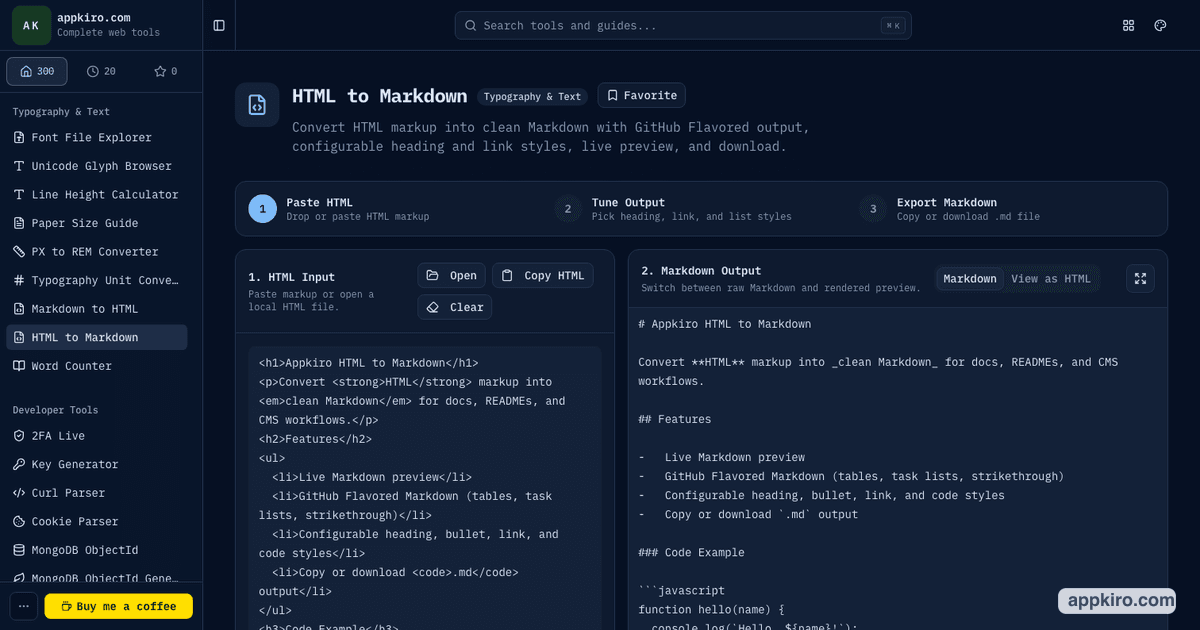 HTML to Markdown Converter with GFM Tables and Live Preview | appkiro.com