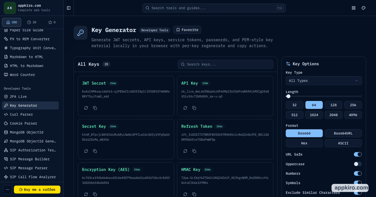 Key Generator Online for JWT Secrets, API Keys and Tokens | appkiro.com