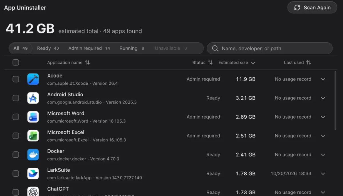 App Uninstaller list with admin and running-app status for each app.