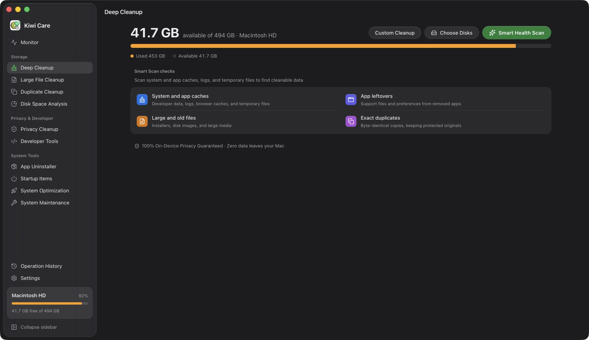 Kiwi Care Deep Cleanup screen showing available disk space and the Smart Scan checks for caches, app leftovers, large files and exact duplicates.