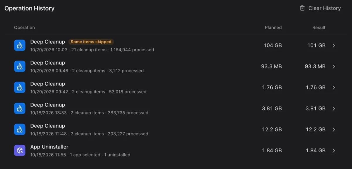 Operation History with planned and recovered space for each cleanup.