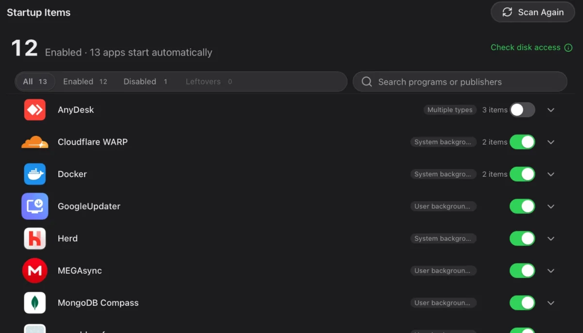Startup Items list with switches for each app that starts automatically.