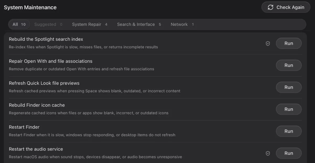 System Maintenance tasks, each with a Run button.