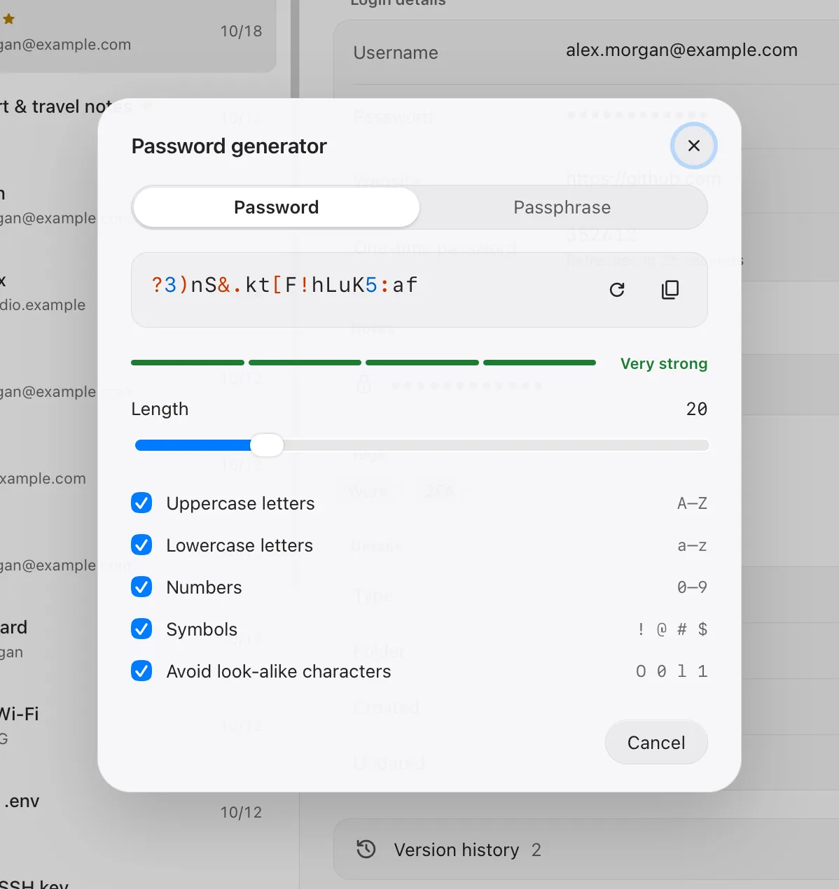 The Kiwi Password generator creating a 20-character password rated Very strong, with options for uppercase, lowercase, numbers, symbols and avoiding look-alike characters.