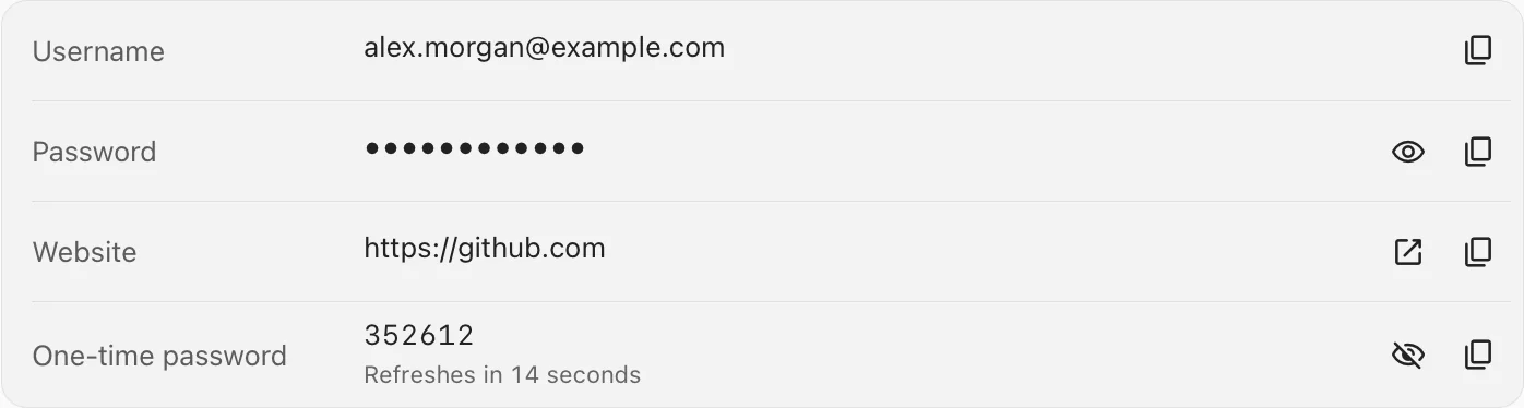 Login details in Kiwi Password: username, hidden password, website and a six-digit one-time password that refreshes every 30 seconds.
