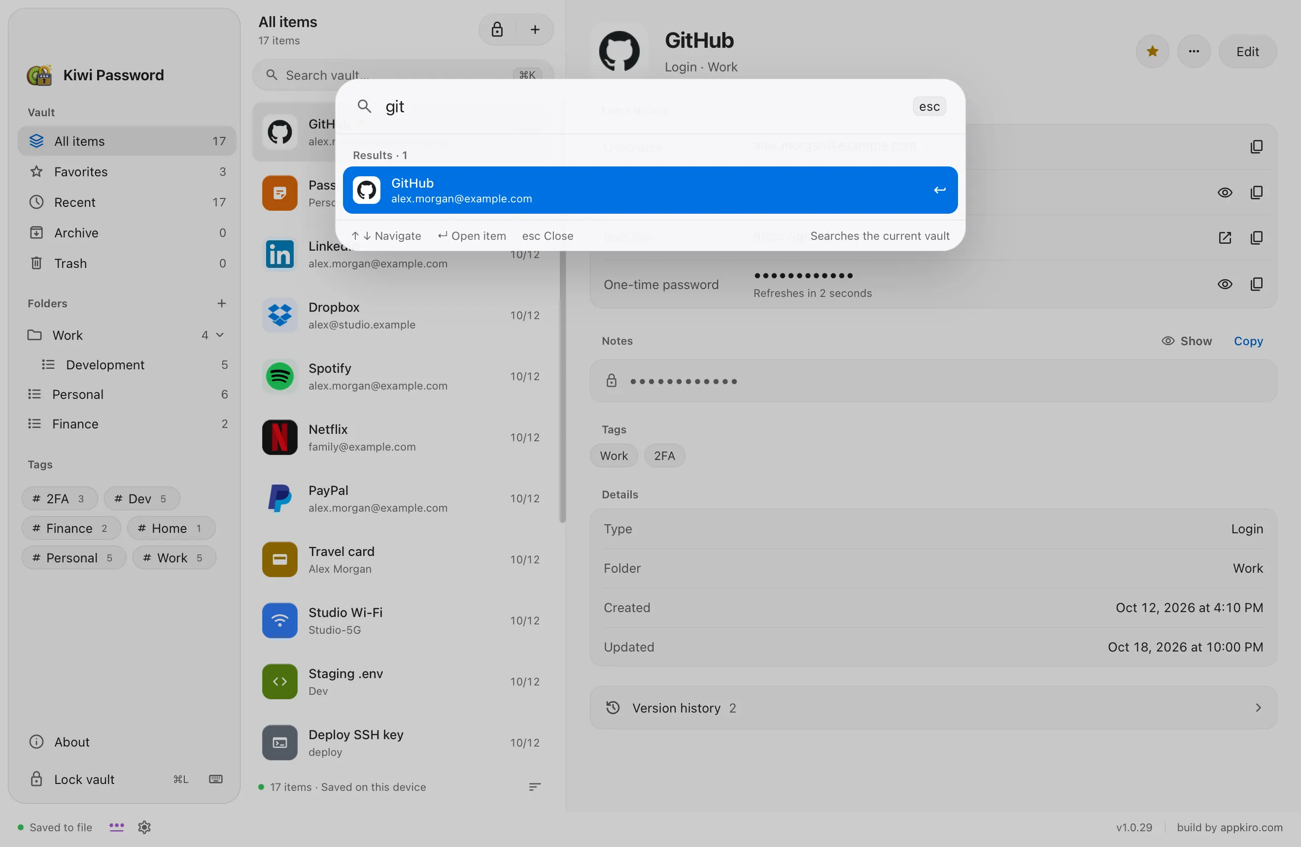 Quick search in Kiwi Password opened with Command-K, finding the GitHub login while typing.