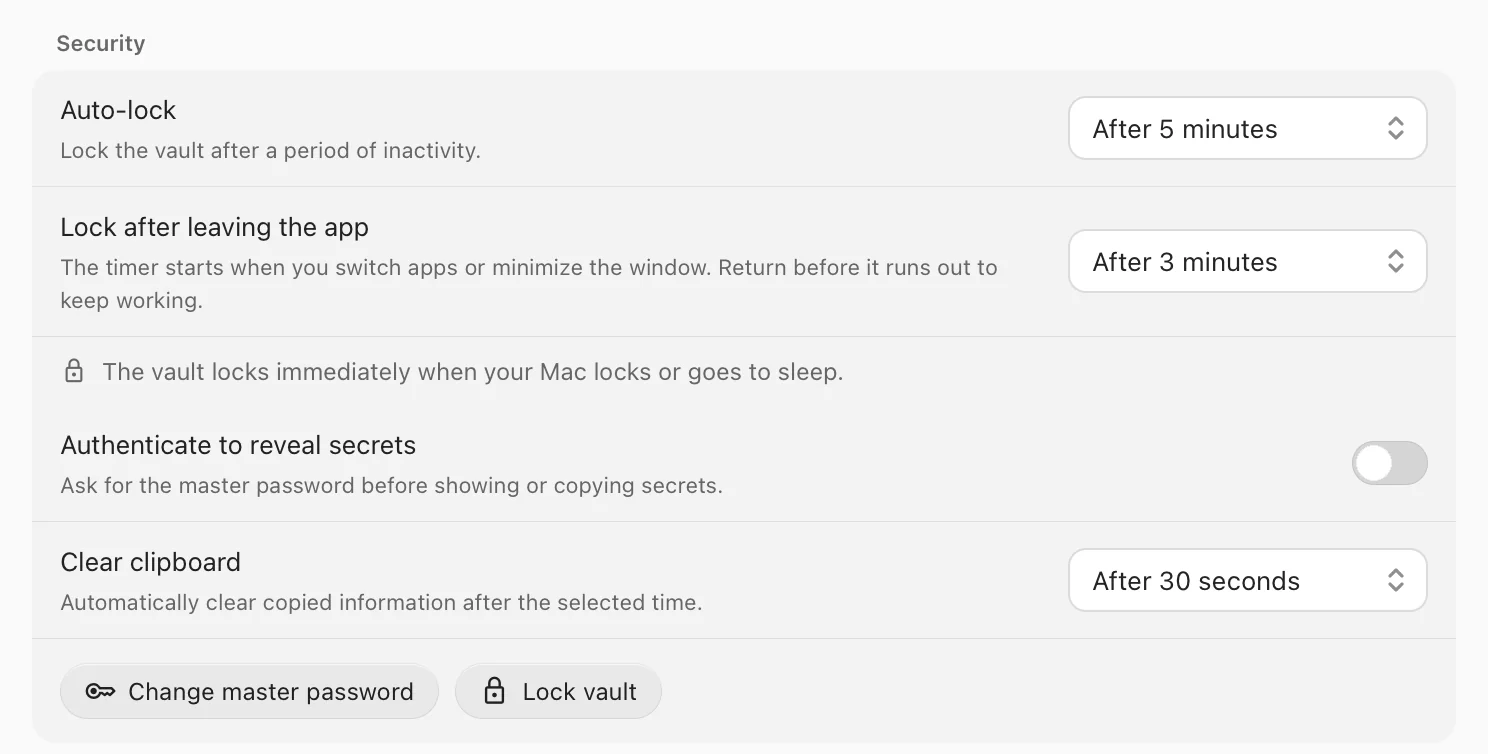 Kiwi Password security settings: auto-lock after 5 minutes, lock 3 minutes after leaving the app, lock immediately when the Mac locks or sleeps, and clear the clipboard after 30 seconds.