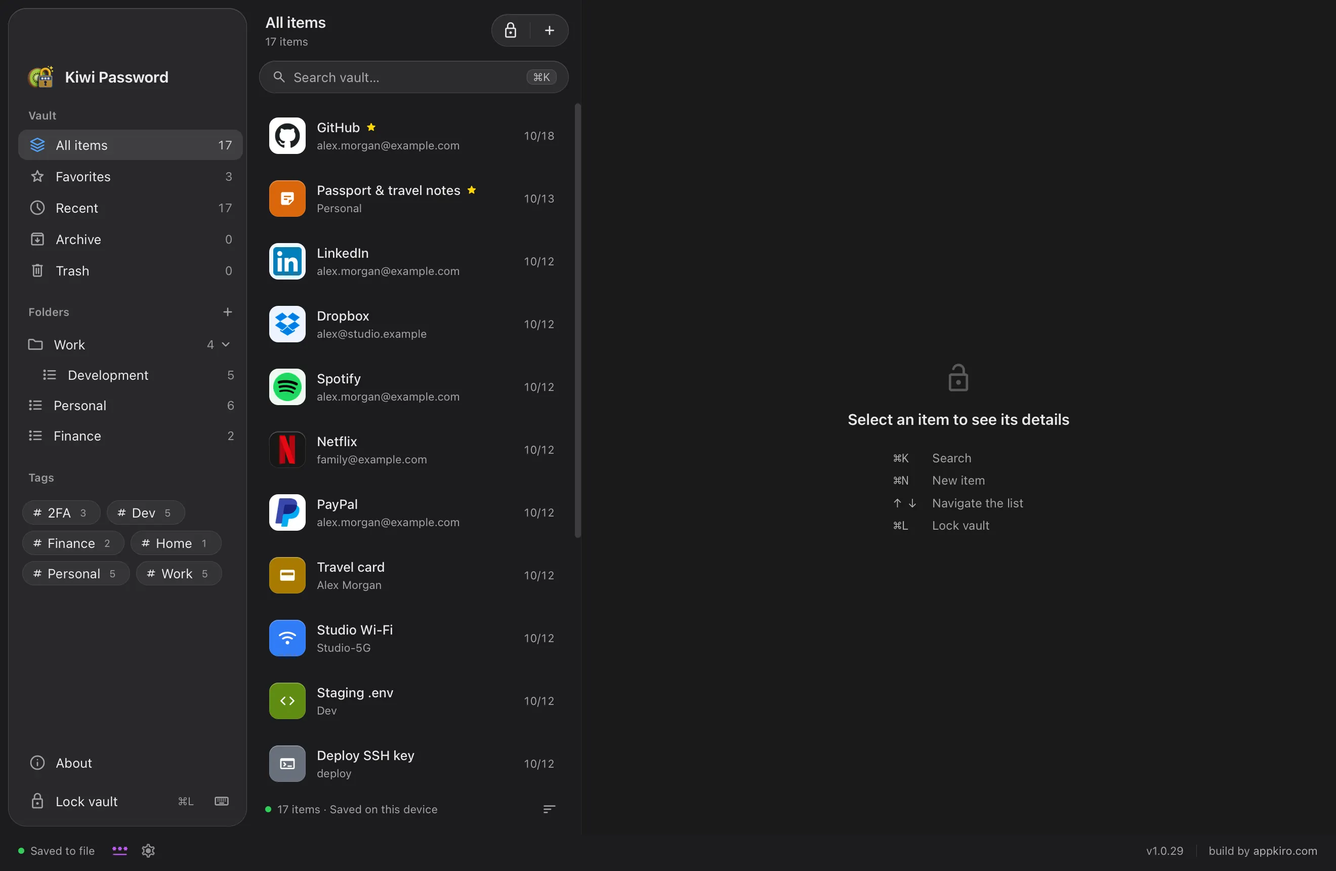 Kiwi Password in dark appearance showing the full vault list with folders, tags and keyboard shortcuts.