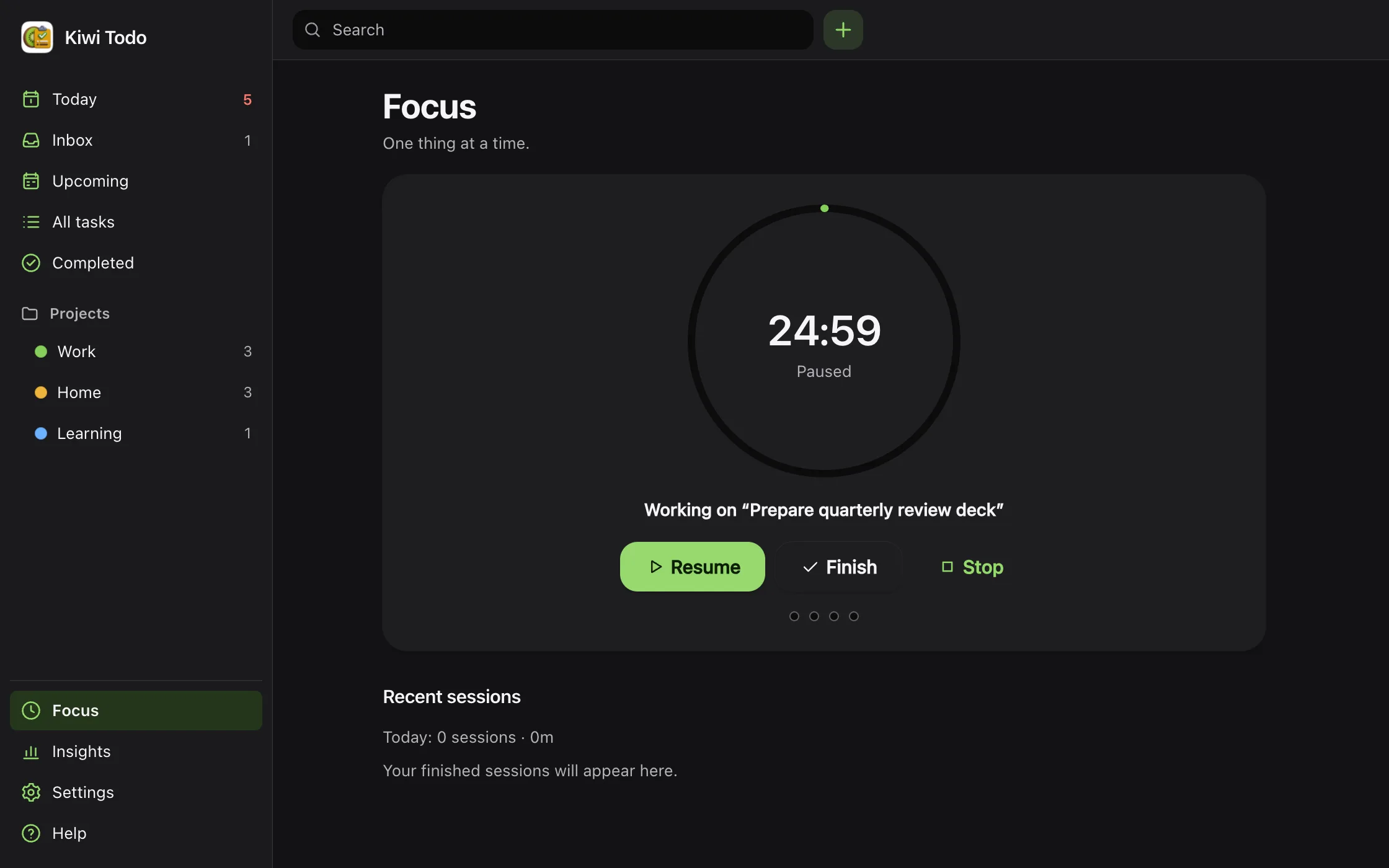 Kiwi Todo focus timer in dark mode, paused at 24:59 while working on a task