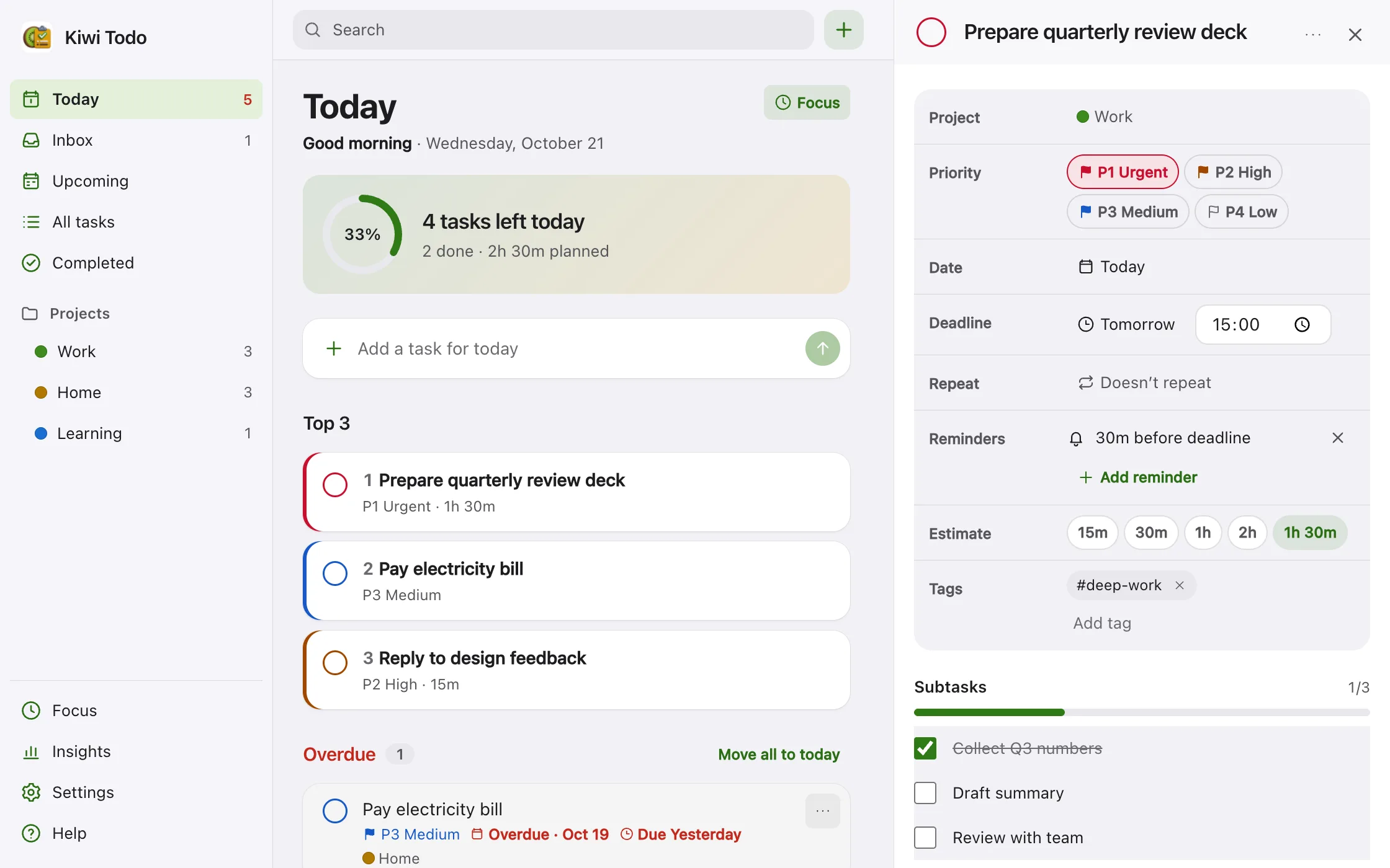 Kiwi Todo task details with project, priority, deadline, reminder, estimate, tags and subtasks