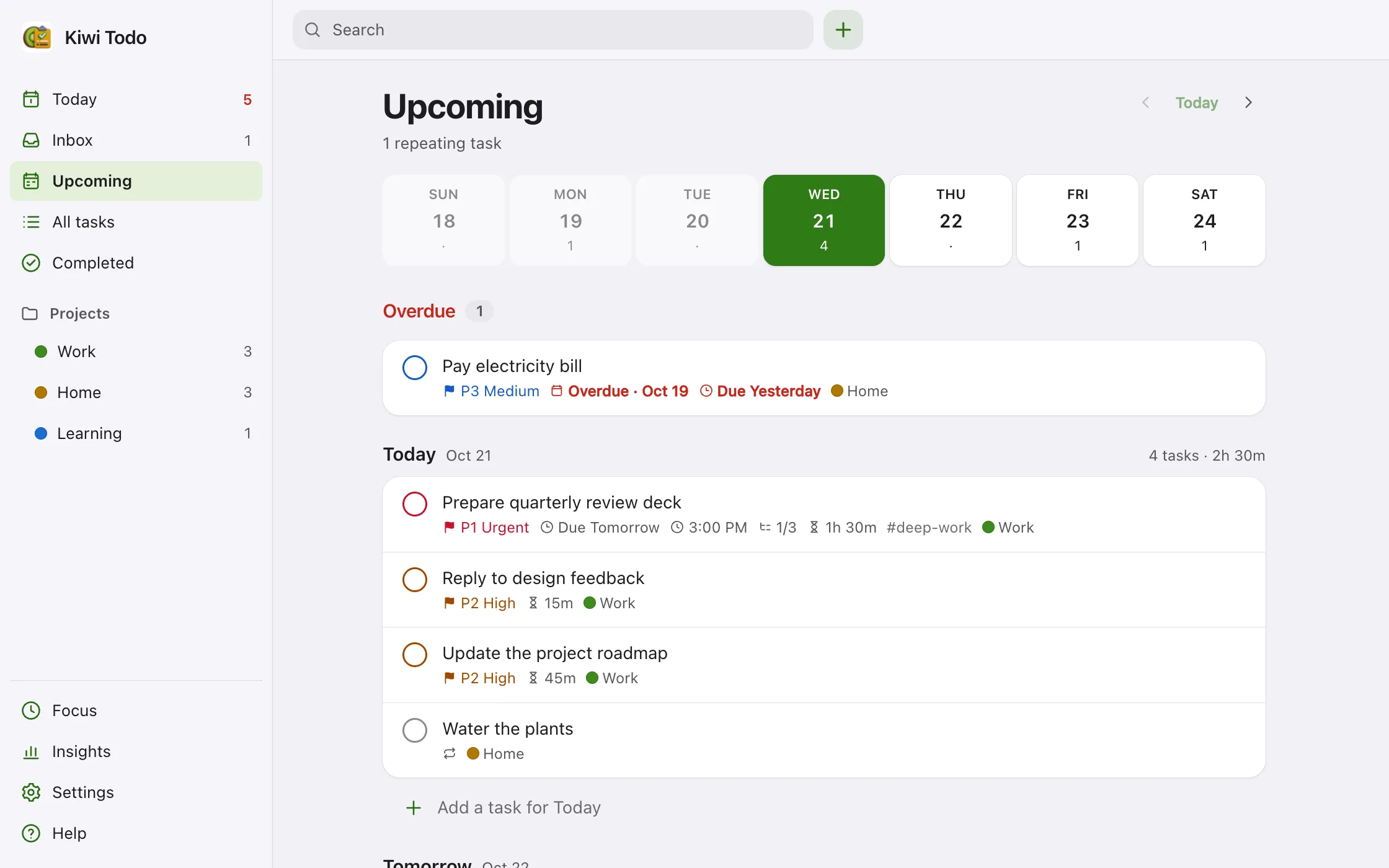 Kiwi Todo Upcoming view with a week strip and tasks grouped by day with planned time