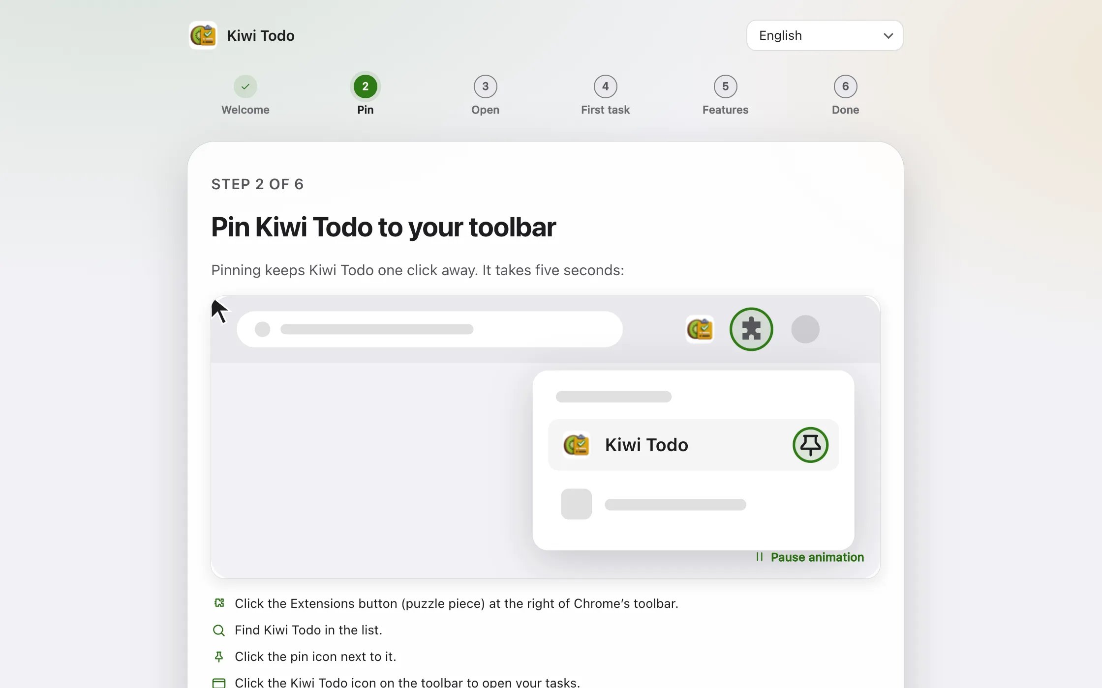Kiwi Todo setup guide showing how to pin the extension to the Chrome toolbar
