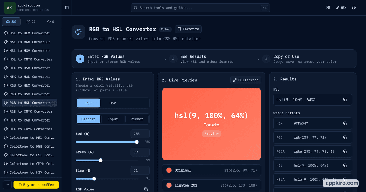 RGB to HSL Converter Online for CSS Color Editing | appkiro.com