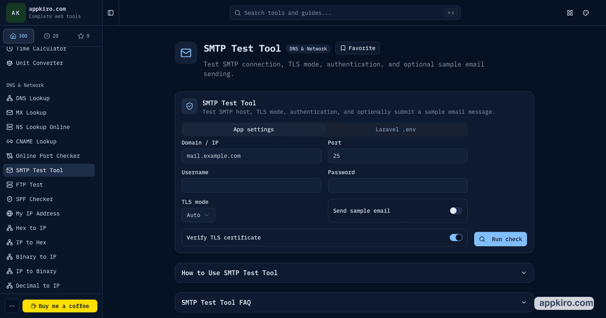 在线 SMTP 测试 — TLS / 认证 / 发样例 | appkiro.com