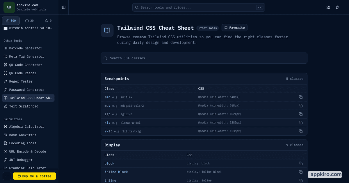 Tailwind CSS Cheat Sheet for Faster Utility Class Lookup | appkiro.com