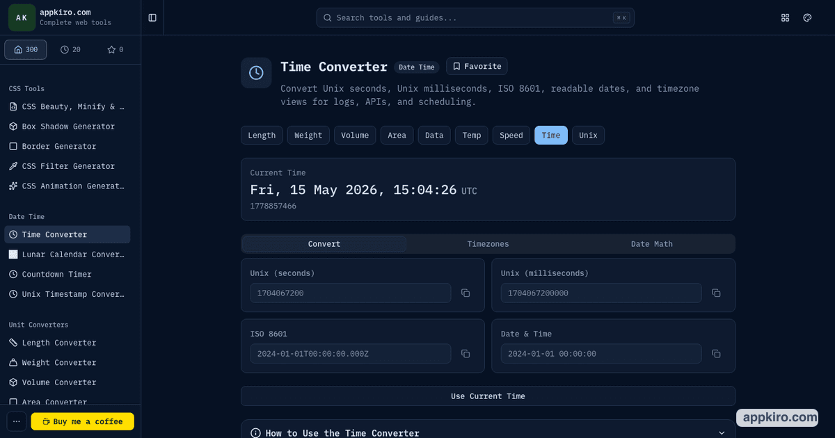 Time Converter Online for Unix Time, ISO Dates and Time Zones | appkiro.com
